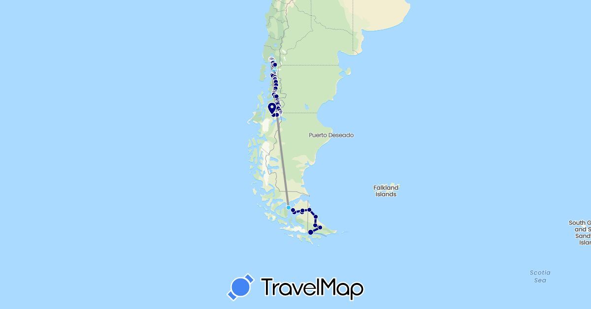 TravelMap itinerary: driving, plane, boat in Argentina, Chile (South America)